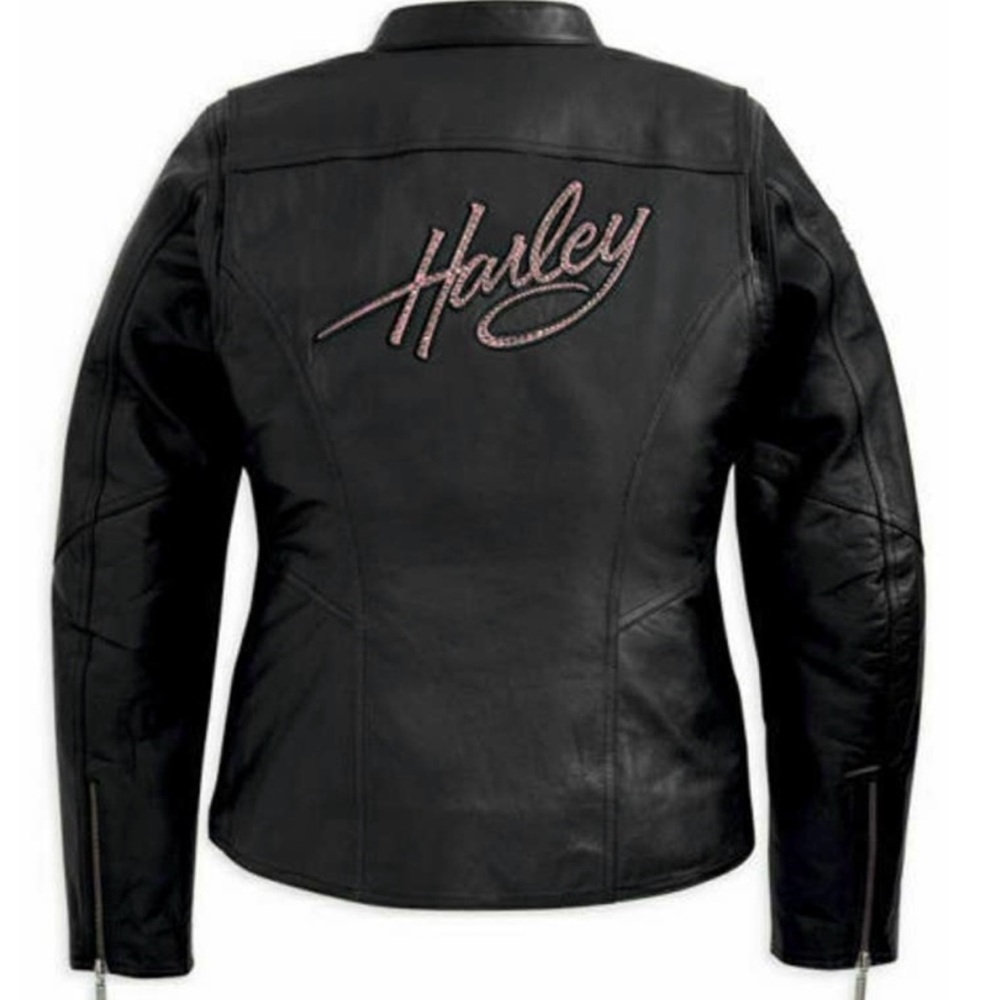 Harley Davidson leather jacket with pink rhinestone accents - Picture 2 of 6